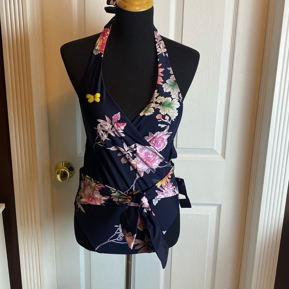 Rachel Roy Women’s One Piece Swimsuit Navy Floral Bathing Suit Halter NWT